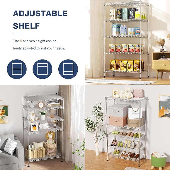 5-Tier Heavy Duty Metal Shelf, Chrome Wire Shelving Unit 35"Wx18Dx71H | Height - Image 4