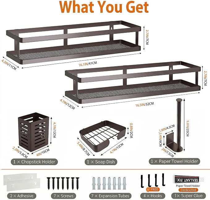 PUSDON 5-in-1 16.5" Extra Long Kitchen Organizer & Shower Caddy Set, Wall Mount - Image 2