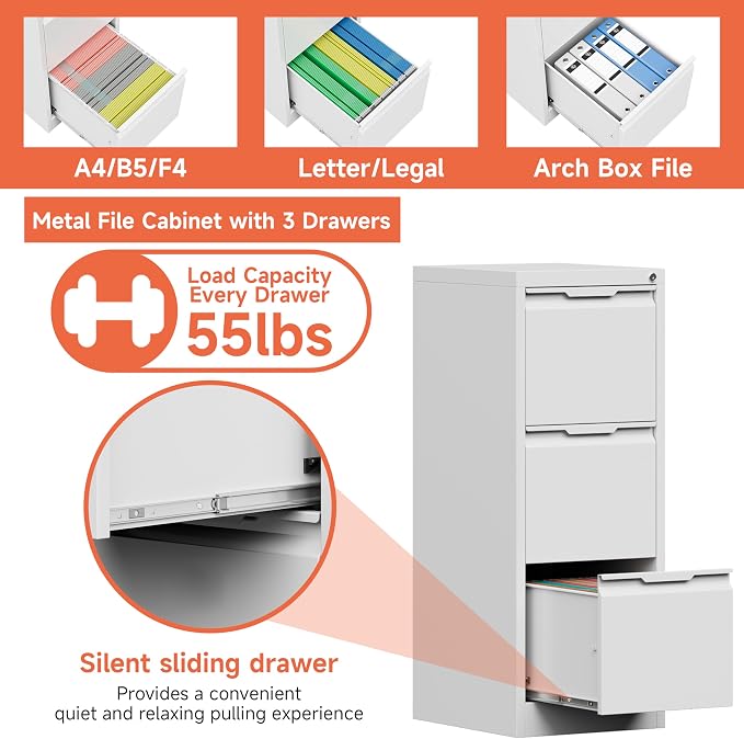 3 Drawer File Cabinet with Lock, Vertical Filing Cabinets - Image 4