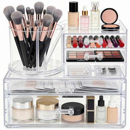Clear Acrylic Makeup Organizer Countertop 360° Rotating & Removable Storage - Image 2