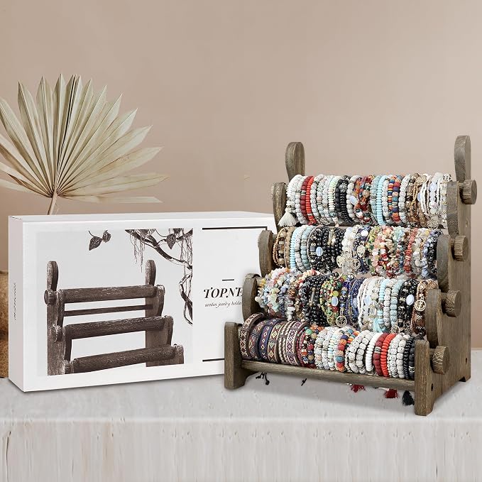 TOPNEW 4 Tier Wooden Bracelet Holder, Scrunchie Bangle Watch Necklace Display - Image 6
