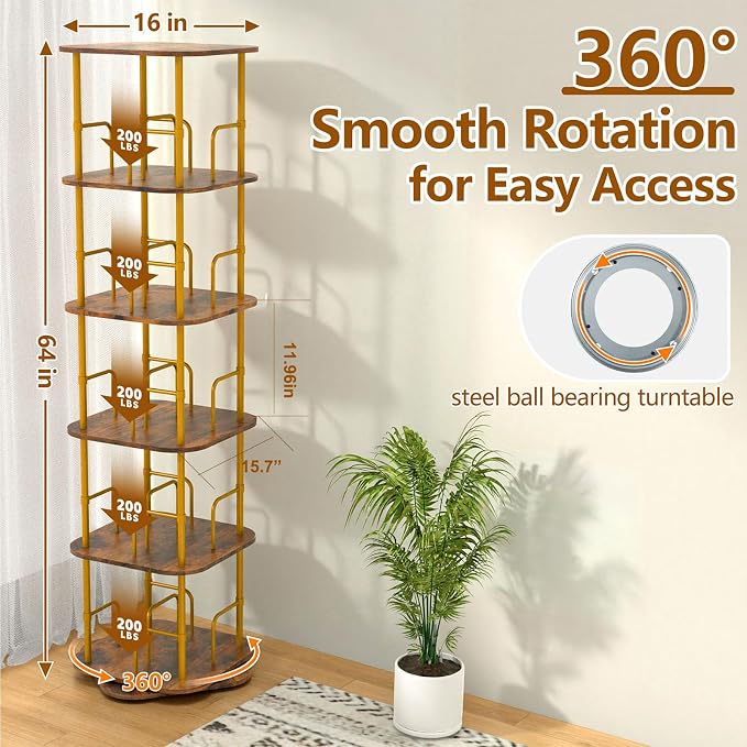 Lauxery 5 Tier Wooden Rotating Bookshelf, Metal Frame, 64 in Tall | 1000lbs - Image 2