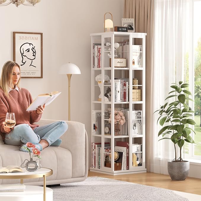 Aheaplus Rotating Bookshelf, 4-Tier Corner Bookshelf, 360 Display Wood Spinning - Image 2