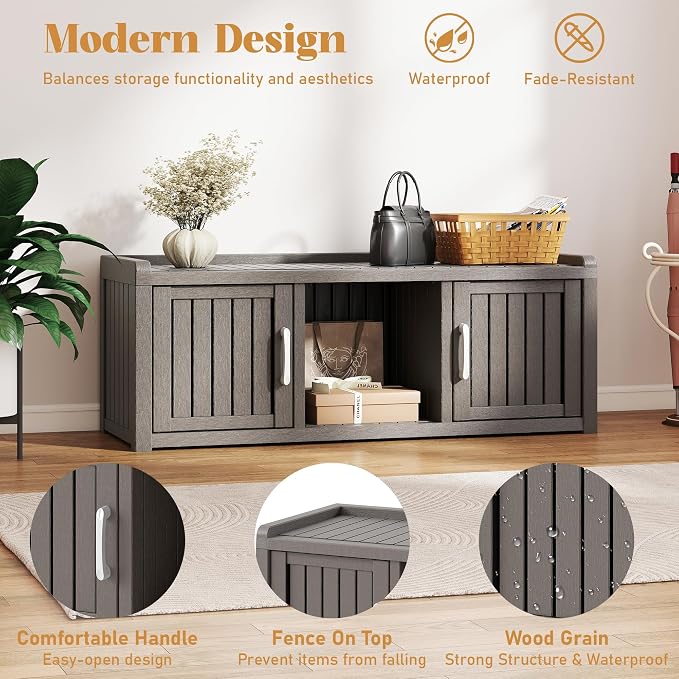 2-Tier Storage Bench, Waterproof UV-Resistant Outdoor Shoe Storage Cabinet - Image 4