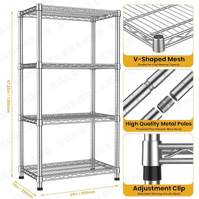 4- Shelf Storage Shelves Wire Shelving Unit Adjustable Metal Shelving Sturdy - Image 3