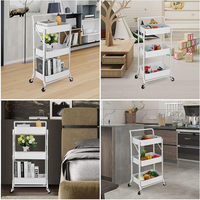 Foldable 3 Tier Metal Utility Rolling Cart, Folding Mobile Multi-Function - Image 7