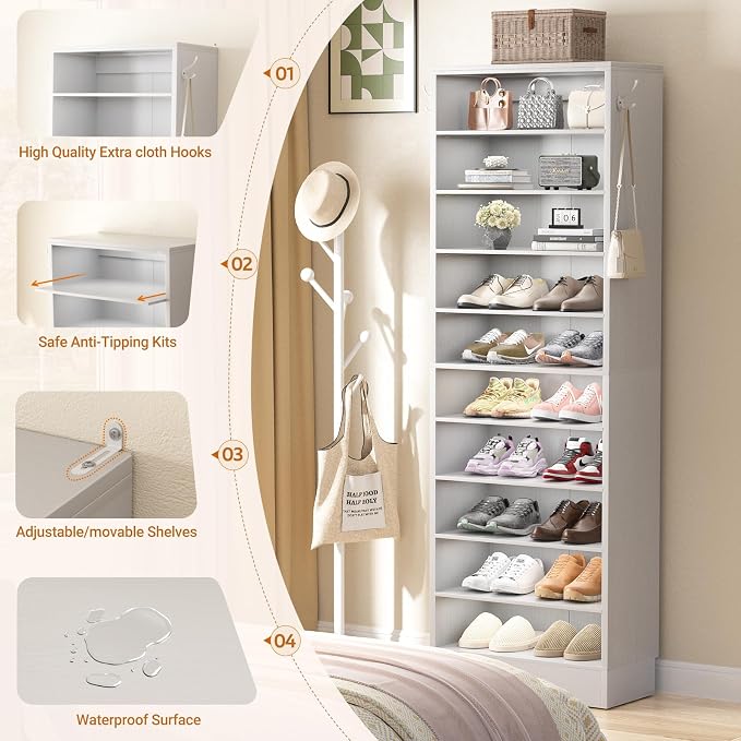 Aheaplus Narrow Shoe Cabinet, 10 Tiers Tall Wood Shoe Rack, Shoe Storage - Image 7