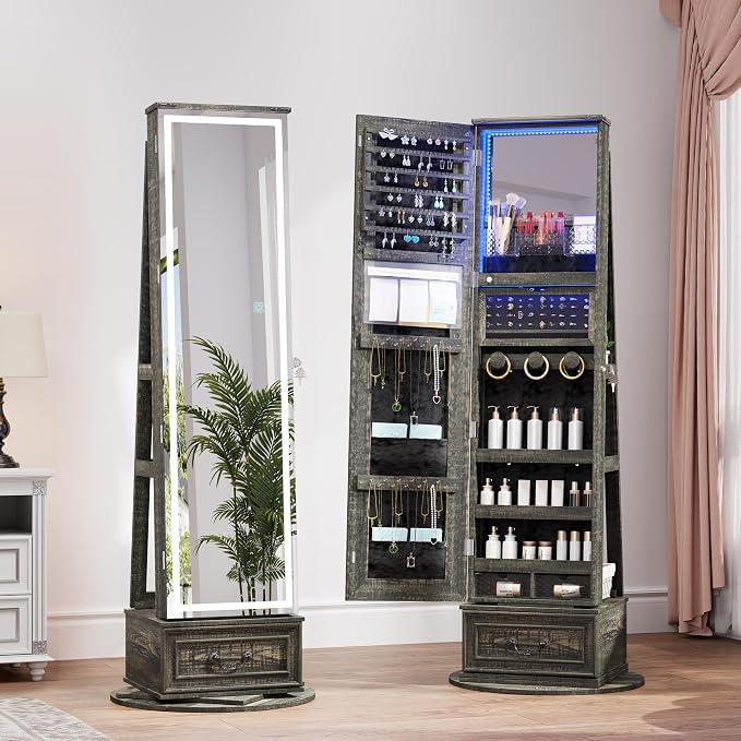 LVSOMT LED Mirror Jewelry Cabinet Standing, 360°Swivel Jewelry Armoire - Image 9