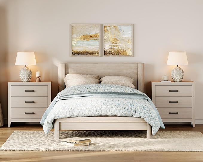 WAMPAT Farmhouse 3 Drawer Nightstand Set of 2, Large Wood Bedside Tables - Image 6