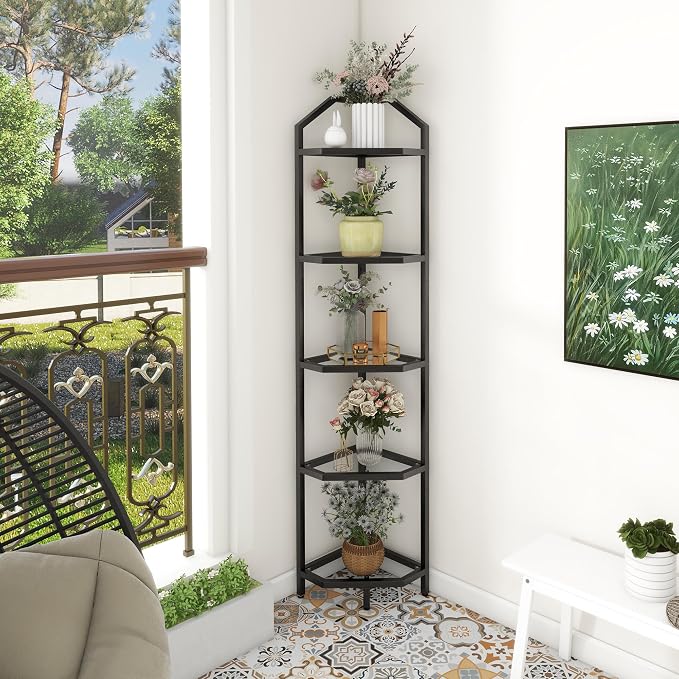5-Tier Corner Shelf Stand, Bathroom Storage Rack Shelf, Plant Rack, Tempered - Image 6