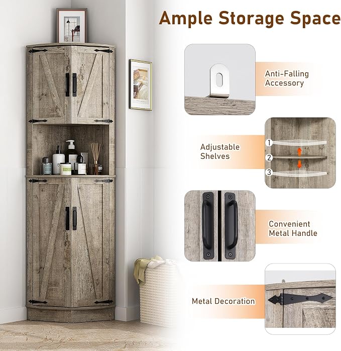 68" Tall Farmhouse Corner Cabinet, Dining Room Storage Cabinet - Image 5