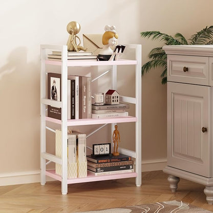 Homeiju Pink Bookshelf, 3 Tier Industrial Bookcase, Metal Small Bookcase - Image 2
