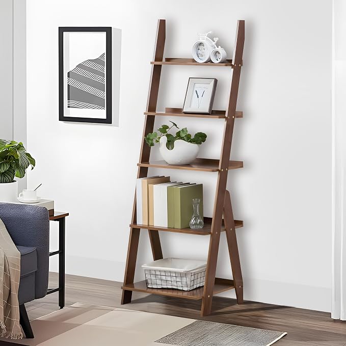 DOUSY-5-Tier Ladder Shelf Bookcase, Bamboo Ladder Bookshelf Leaning Book Shelf - Image 3