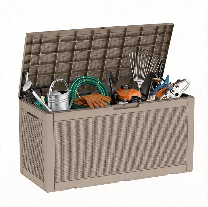 Vixzen 121 Gallon Waterproof Large Deck Box, Lockable Resin Outdoor Storage Box by Vixzen