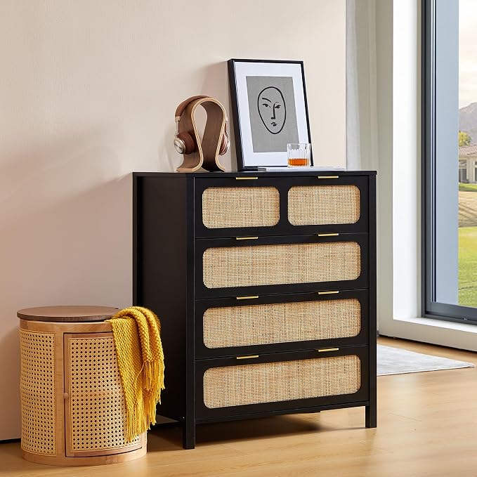 4 Drawer Dresser with Rattan Finish, Modern Farmhouse Chest of Drawers with - Image 3