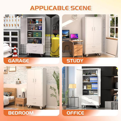 Metal Storage Cabinet with 2 Drawers, Garage Tool Cabinet on Wheels - Image 4