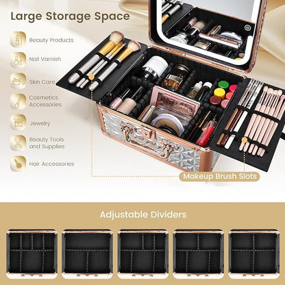 Makeup Train Case with Magnetic LED Mirror Makeup Organizer Box Travel Cosmetic - Image 3