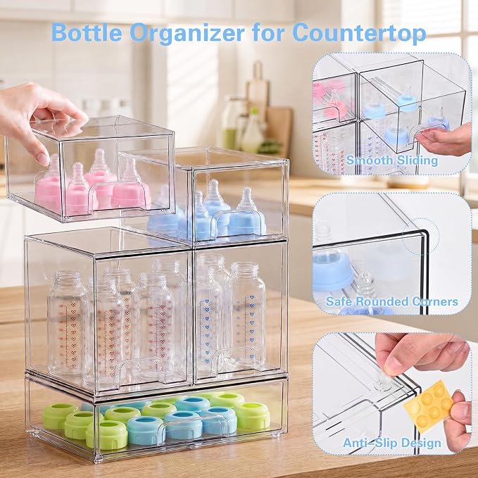 Baby Bottle Organizer, 5 Pack Clear Acrylic Stackable Storage Drawers, Baby - Image 5