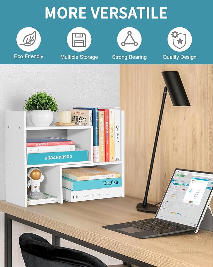 Desktop Shelf Organizer, Adjustable Stackable Office Storage Rack, Wood Display - Image 4