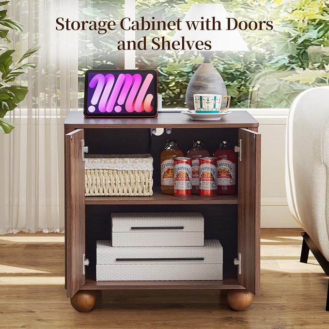Bed Side Table with Charging Station, Mid Century Modern Nightstand with 2 Doors - Image 4