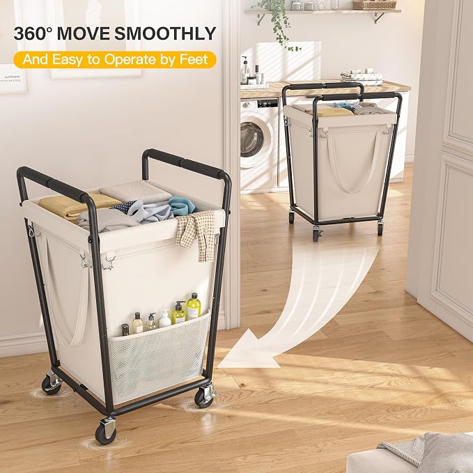 180L Laundry Basket with Wheels & Handles, Laundry Cart with Removable Bag & - Image 7
