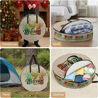 24 Inch Round Storage Bag 1 Pack, Welcome Words on Retro Linen Waterproof - Image 5