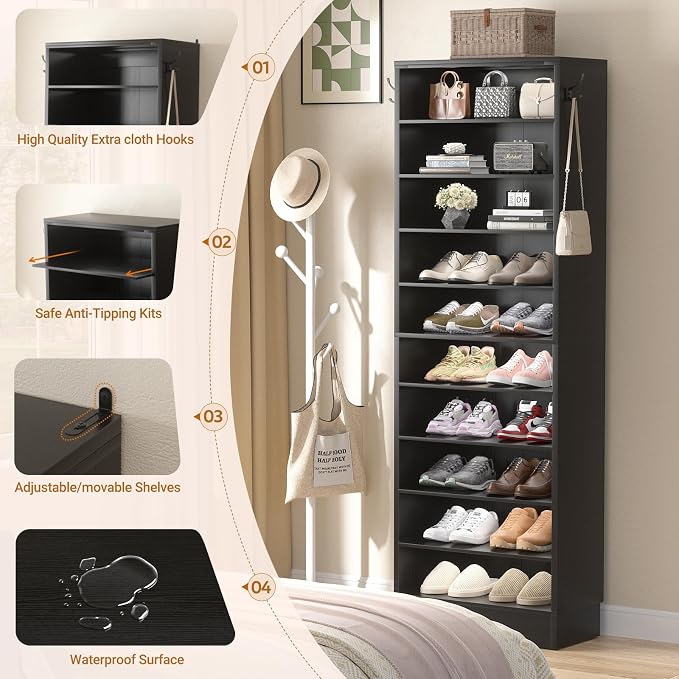 Aheaplus Narrow Shoe Cabinet, 10 Tiers Tall Wood Shoe Rack, Shoe Storage - Image 7