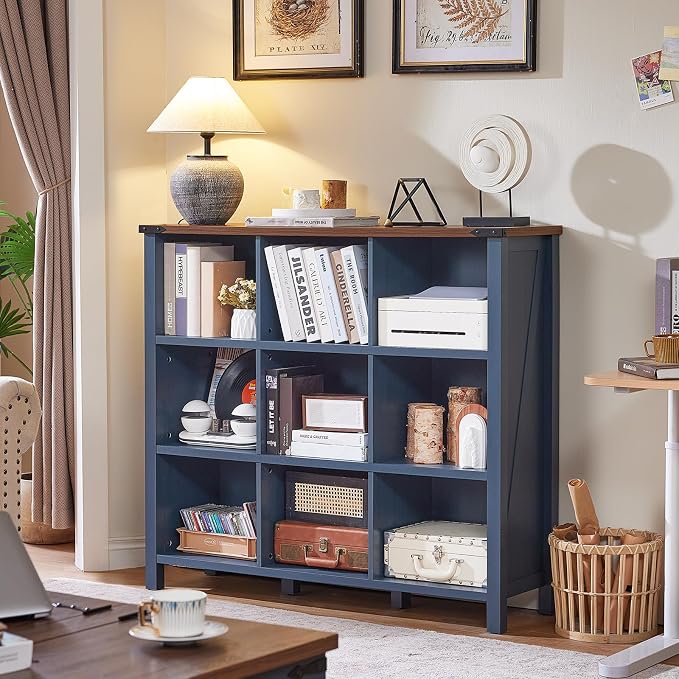 9 Cube Bookcase, Farmhouse 47 Inch Wide Navy Blue Bookshelf, Wooden 3 Tier - Image 2