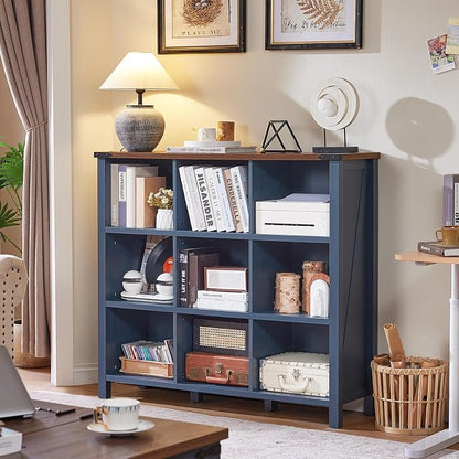 9 Cube Bookcase, Farmhouse 47 Inch Wide Navy Blue Bookshelf, Wooden 3 Tier - Image 2