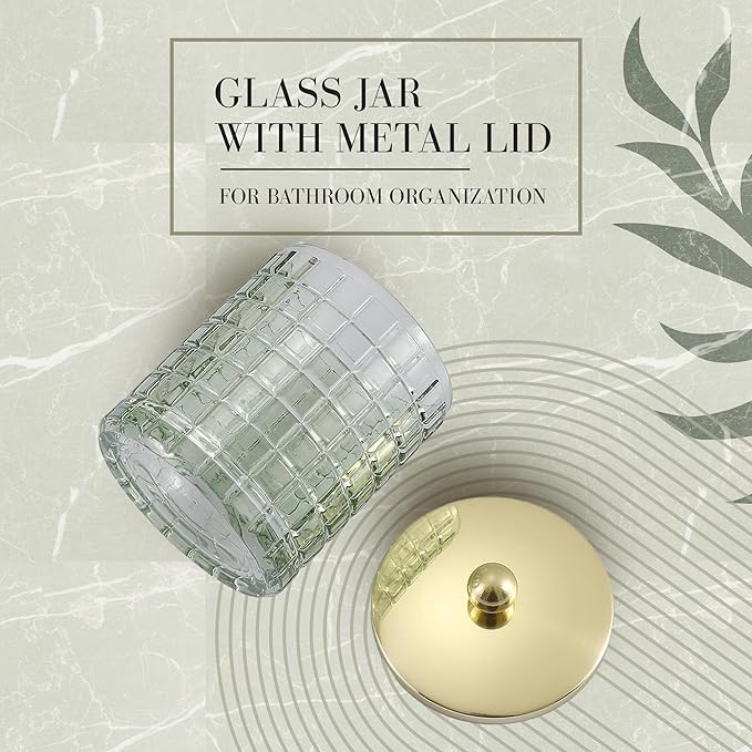 Sage Colored Tranlucent Apothecary Etched Geometric Grid Glass Jar W/Gold Metal - Image 3