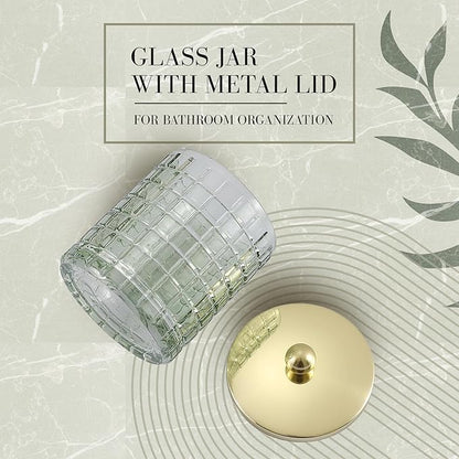 Sage Colored Tranlucent Apothecary Etched Geometric Grid Glass Jar W/Gold Metal - Image 3