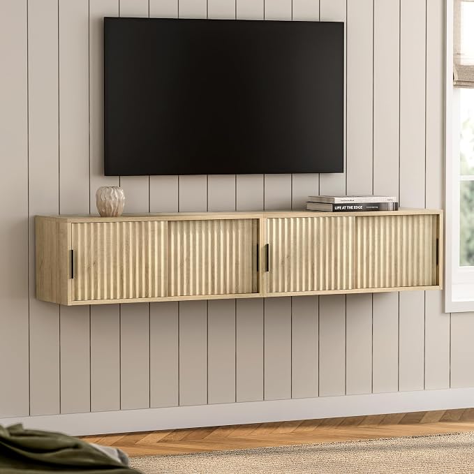 Fluted Floating Nightstand Set of 2 Modern Large TV Stands Wall Mounted Bedside by EYYTHUNG