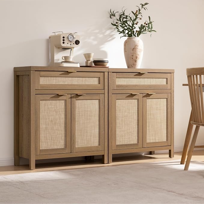 SICOTAS Sideboard Buffet Cabinet Set of 2, Rattan Credenza Storage Cabinet - Image 4