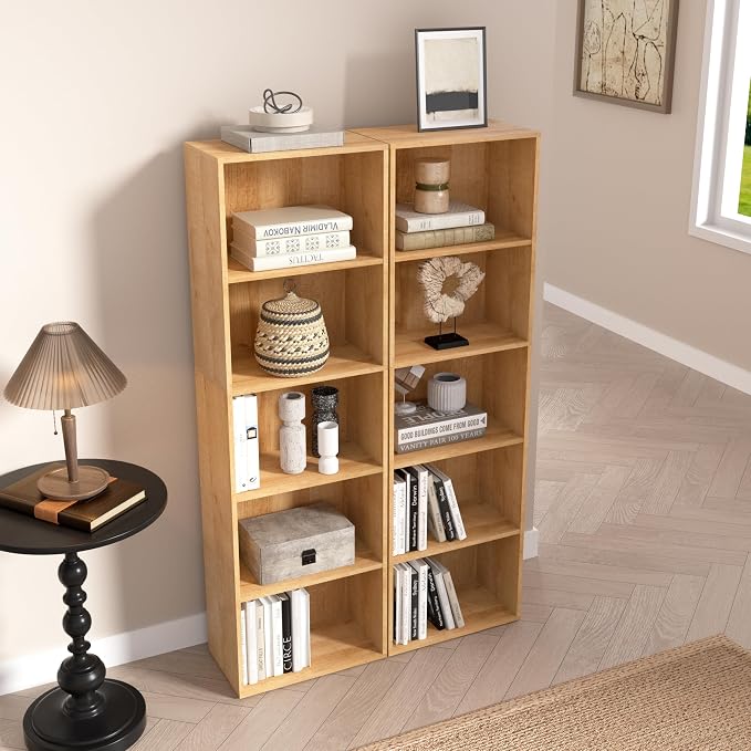 Wooden 5 Cube Storage Organizer, Oak 5 Tier Bookcase Bookshelf Freestanding - Image 5