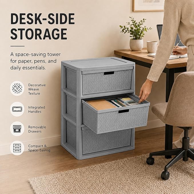 Wide 3-Drawer Plastic Storage Tower, Decorative Organizer Chest, BPA-free - Image 7