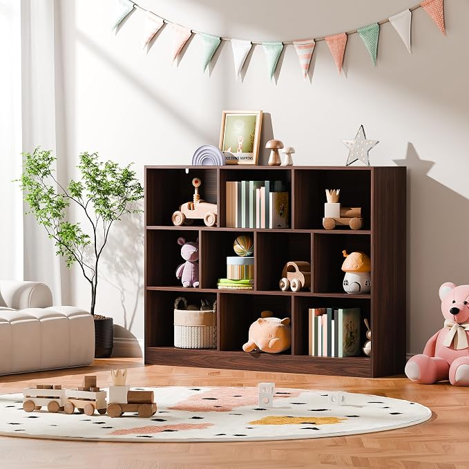 Cozy Castle Brown Bookshelf, 3-Tier Open Shelf Bookcase, 10 Cube Storage - Image 3