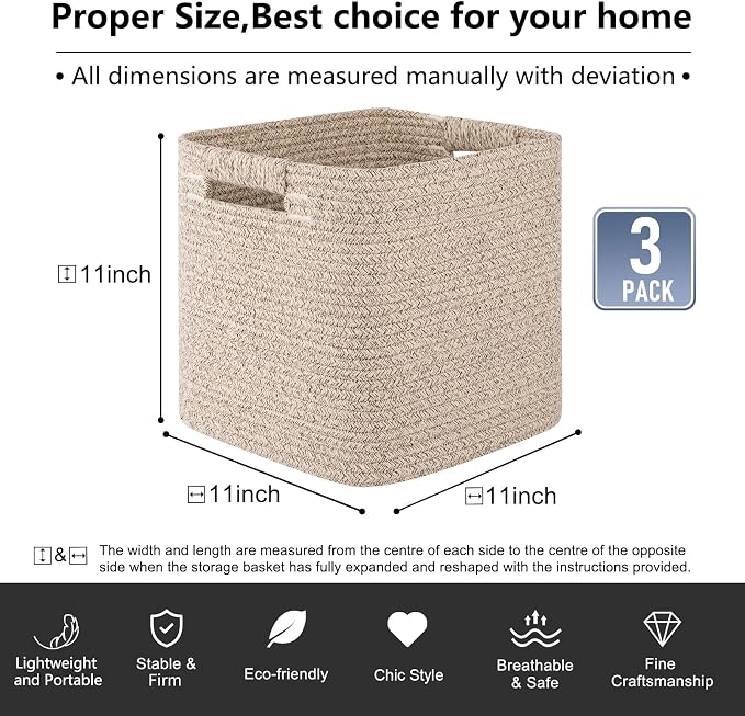 OIAHOMY Storage Cubes 11 Inch Storage Bins-3-Pack, Cotton Rope Woven Baskets - Image 3