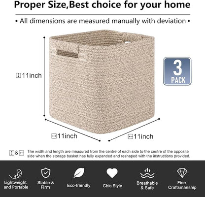 OIAHOMY Storage Cubes 11 Inch Storage Bins-3-Pack, Cotton Rope Woven Baskets - Image 3