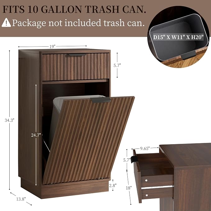 Tilt-Out Trash Cabinet with 10-Gallon Capacity, Walnut Laundry Hamper Cabinet - Image 3