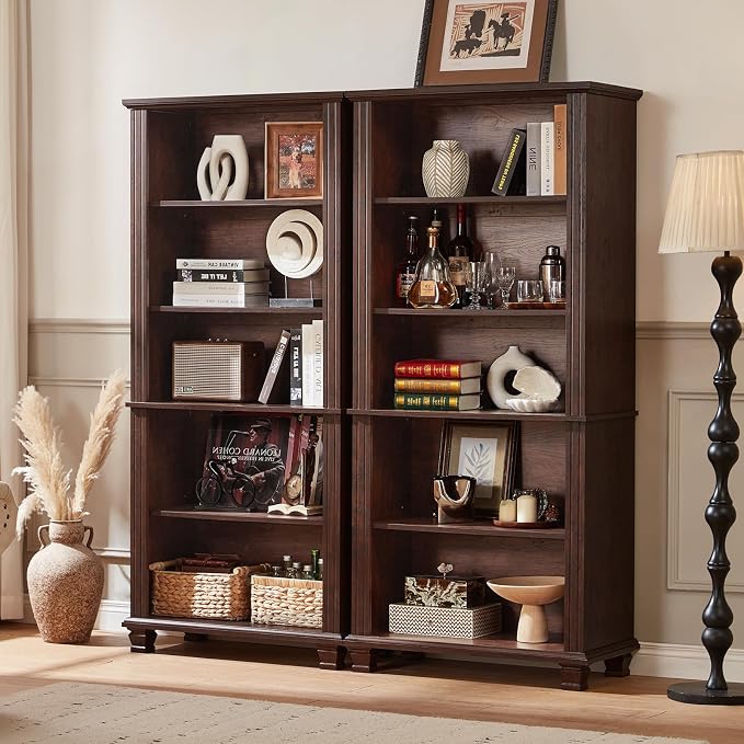 70" Tall Walnut Bookshelf, 5 Tier Wooden Book Shelf - Image 4