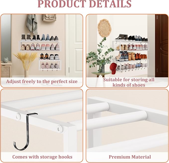 3 Pack Expandable Wall Mounted Shoe Rack, Heavy Duty Metal Shoe Racks Holder - Image 6