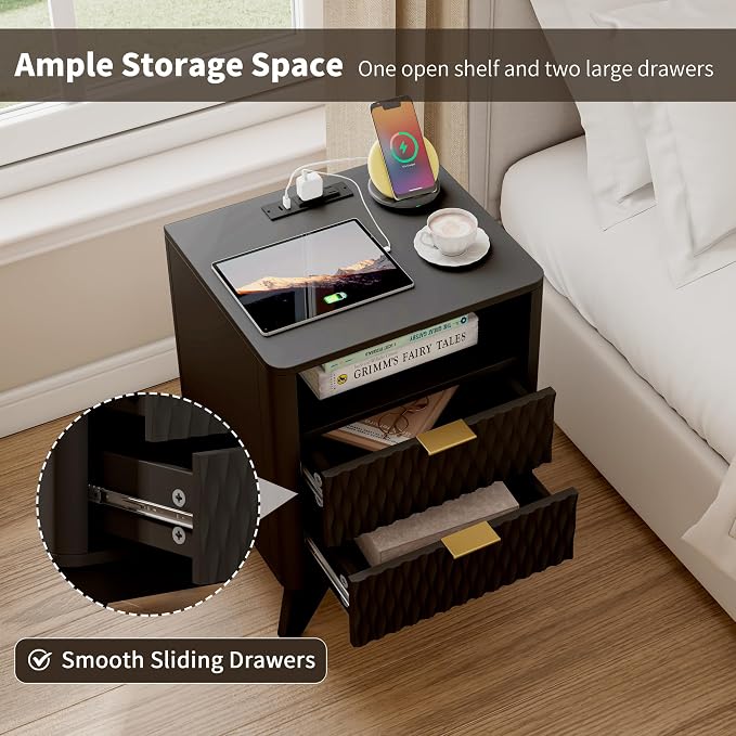Fluted Nightstand with Charging Station, Bedside Table - Image 4