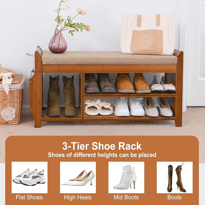 PETKABOO Shoe Bench with Hidden Drawer and Side Holder, 2 Tier Entryway Bench - Image 8