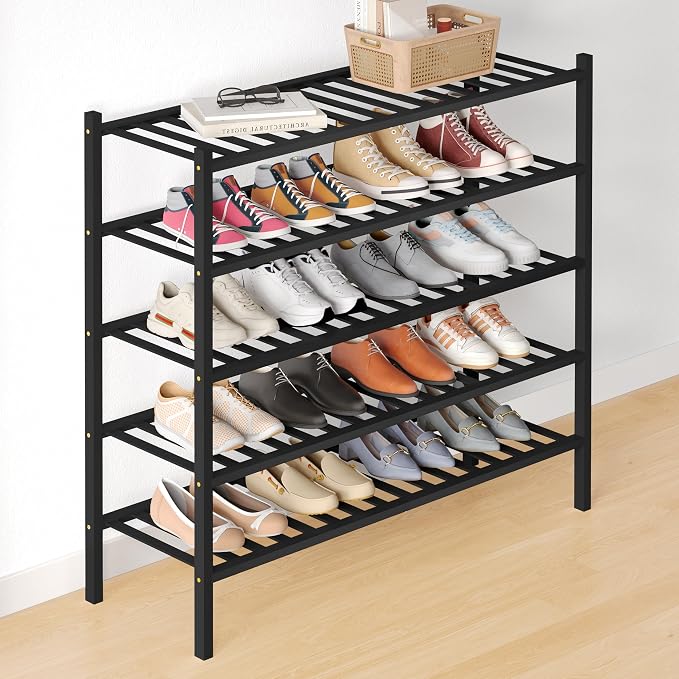 Smiry Bamboo Shoe Rack for Closet, 5 Tier Long Wooden Stackable Shoe Organizer by Smiry