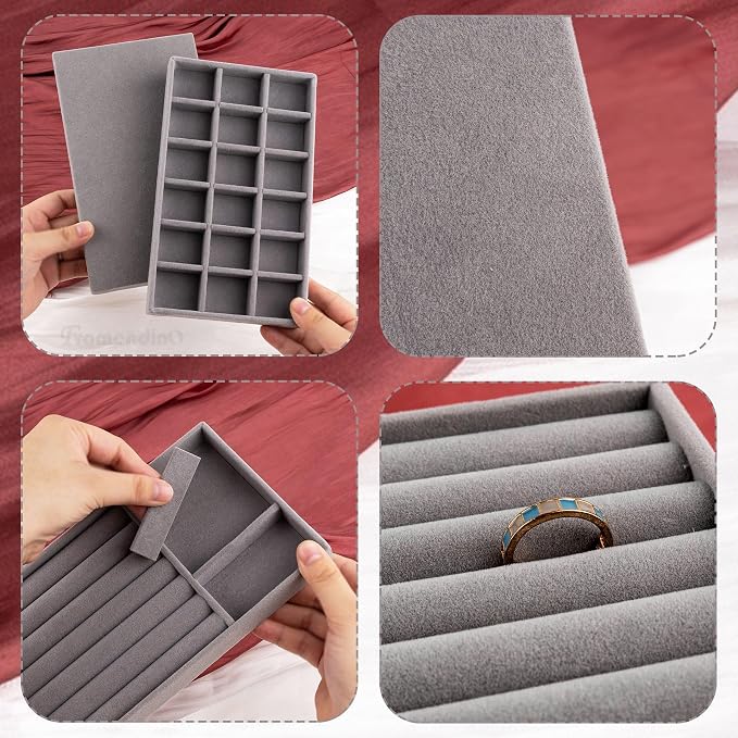 Framendino, 4 Pack Grey Velvet Jewelry Trays Stackable Organizer Drawer Inserts - Image 5