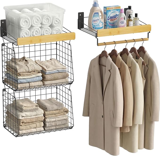 Wall Mounted Laundry Room Shelves, Wire Baskets by CACHOLIV