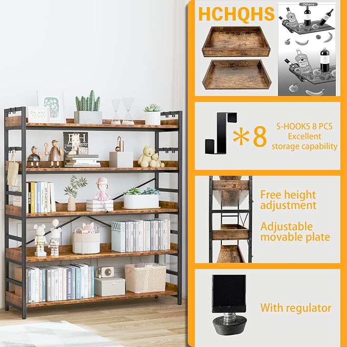 HCHQHS 5 Tier Bookshelf, Adjustable Industrial Bookcase, Vertical Tall Book - Image 5