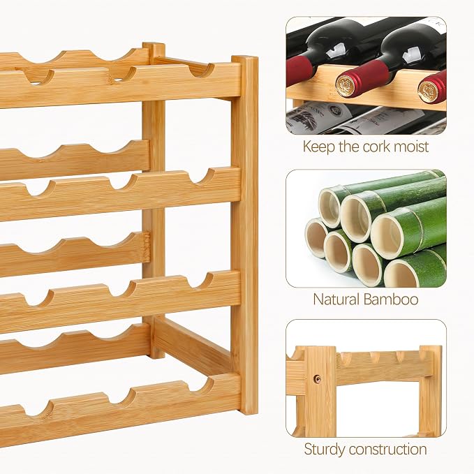 VASMIA Wine Rack, 4-Tier Bamboo Wine Racks Countertop, Sturdy and Durable Wine - Image 4