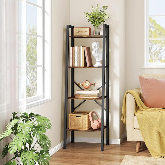 Hoctieon 4-Tier Industrial Ladder Bookshelf, Narrow Ladder Shelf, Tall Standing by Hoctieon