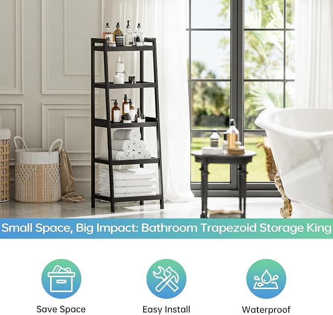 SMIBUY Bamboo Ladder Bookcase, Bathroom Storage Rack Organizer, 4 Tier and 5 - Image 6